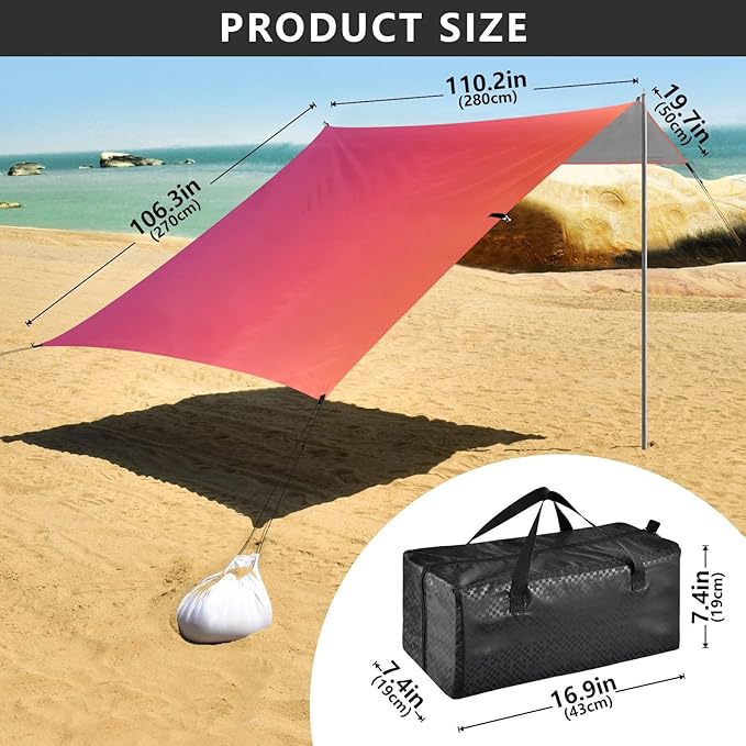 Purple Orange Gradient Beach Tent &amp Canopy UPF50+ Easy Setup Sun Shelter with Sandbags &amp Sand Shovel for Backyard and Camping