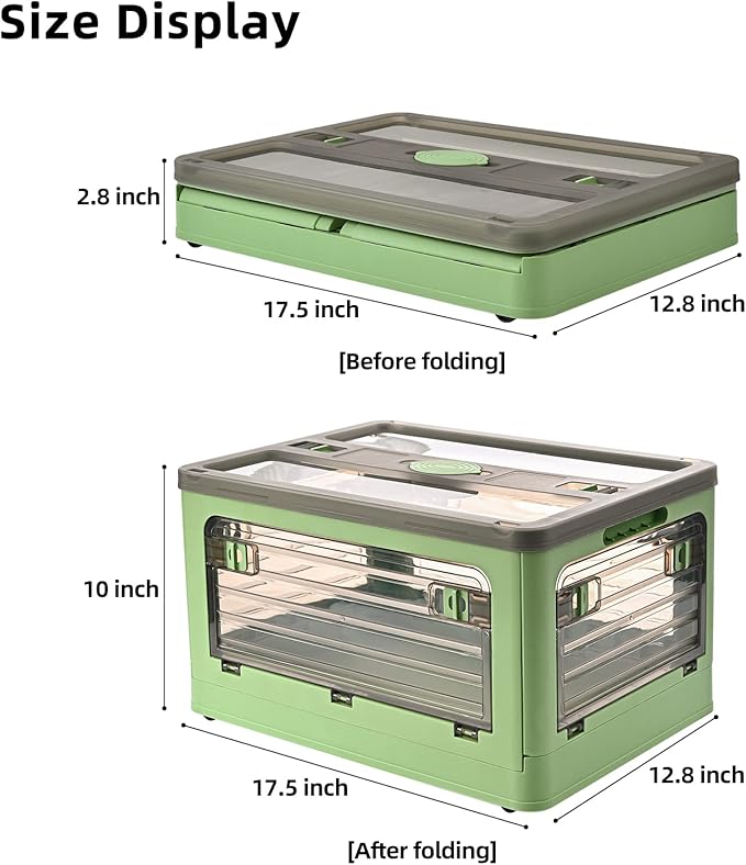 32Qt Plastic Storage Bins with Lid Collapsible Storage Bins with Wheels Storage Boxes with 4 Doors Stackable Storage Bins for Organizing Clothes Snacks and Camping 2-Pack (Green)
