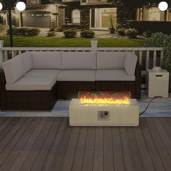 HOMPUS Outdoor Propane Fire Pit 50000 BTU 42-inch x 17-inch Rectangle Concrete Gas Fire Table Outside Smokeless Firepit with Tank CoverWind GuradLava Rocks and Rain Cover for GardenDeckBackyard
