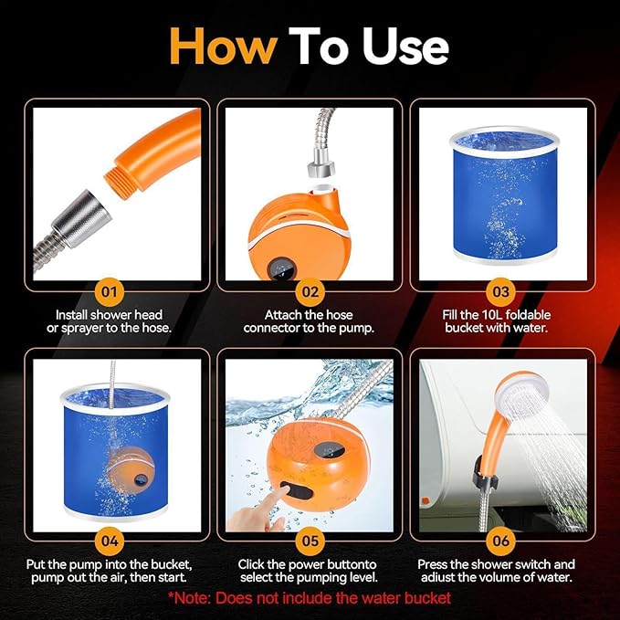 Camping Shower – 10.7x12.5x6cm ABS Orange Portable Wash System Water Pump Dispenser Spray Cleaning Device | Ideal for Car Bathing Hiking Trail Hygiene Pet Grooming Routine Outdoor Gear