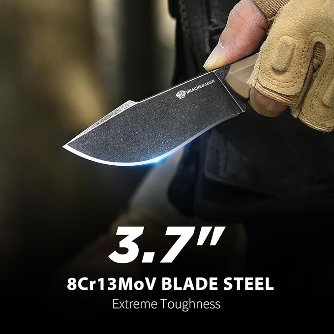 DRACHENADER Survival Knife with Fire Starter L-Y 7.68 Full Tang Small Fixed Blade Knife with Belt Clip Khaki + Stonewashed Black