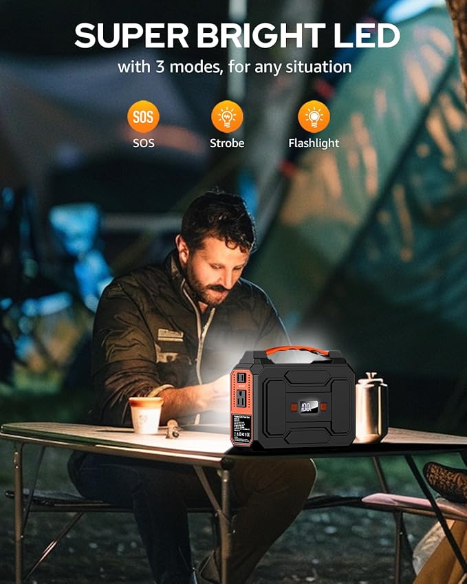 Portable Power Station Bank 146Wh 200W Peak(100W Rated) Solar Powered Power Bank with AC Outlet 110V for Camping Solar Charger Power Bank Battery Pack 39600mAh for Home Outdoor Emergency
