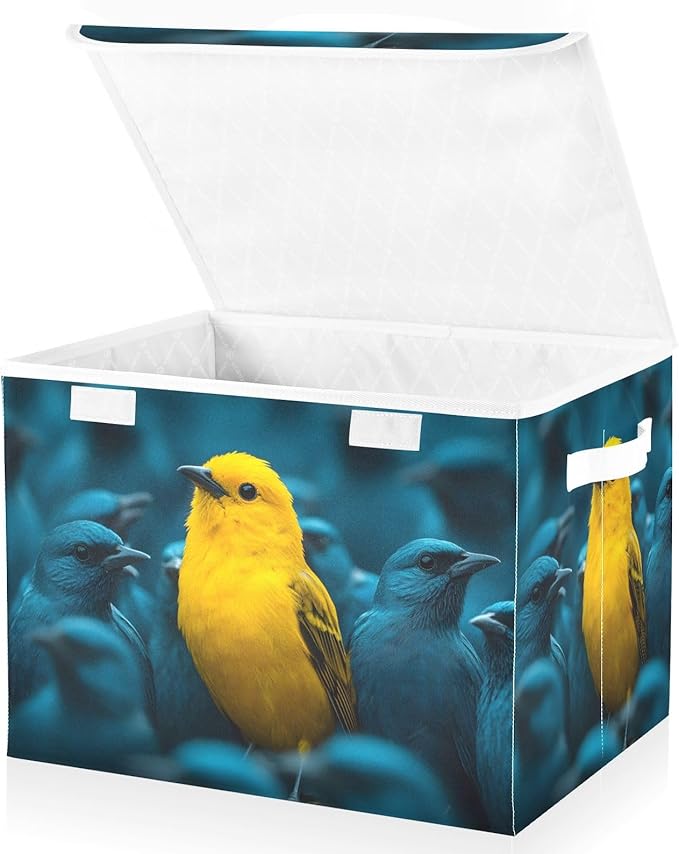 AIXIWAWA Lidded Storage Cube (Bird Yellow) Fabric Foldable Closet Bins with Flip Lid and Handles Organizer Basket Container 16.5 x 12.6 x 11.8 IN