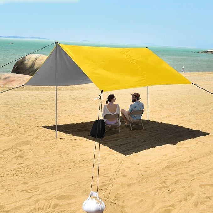 Gold Solid Color Pure Plain Foldable Beach Tent UPF50+ Easy Setup Large Sun Shelter with Sand Shovel Sandbags for Family Trips Picnics &amp Camping