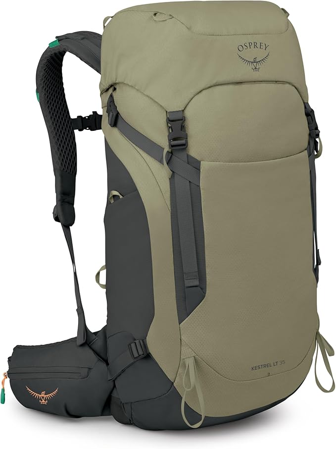 Osprey Kestrel LT 35L Men's Backpacking Backpack - Lightweight Hiking &amp Camping Bag with Waterproof Raincover Olive Tan