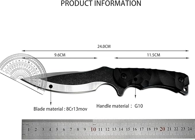9.4 Outdoor Full Tang Fixed Blade Knife with Kydex Sheath 3.77 8Cr13mov Steel Blade G10 Handle Utility EDC Knife for Camping Hiking Fishing Survival Gift