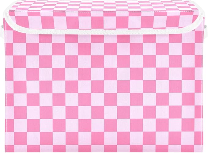 Collapsible Storage Bins with Lids Decorative Fabric Storage Cubes Closet Organizer and Storage Basket Boxes Containers for Clothes Box Chest Nursery Folding Rectangle Checkered Pink