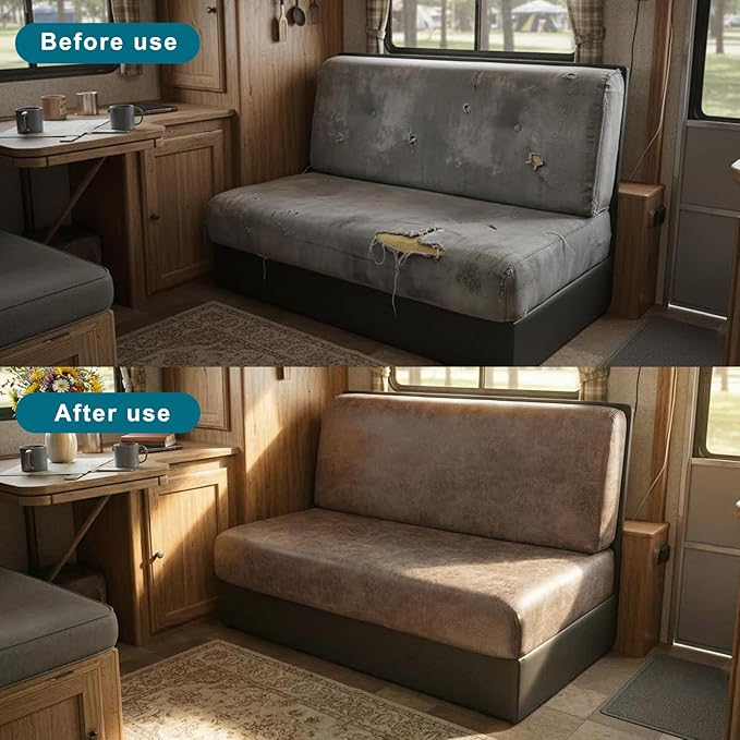 KRFOONN Stretch RV Dinette Cushion Covers Leather Look Camper Cushions Covers Replacement Couch Cushion Slipcovers Loveseat Slipcovers for Travel Trailer Couch (2 Backrest Cover &amp 2 Bench Cover T