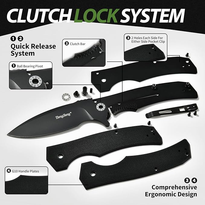 ZhengSheng Praxis Folding Pocket Knife 3.6 PVD Titanium Coating D2 Steel Blade Foldable Knife with G10 Handle Lightweight Camping Survival Hiking Knives