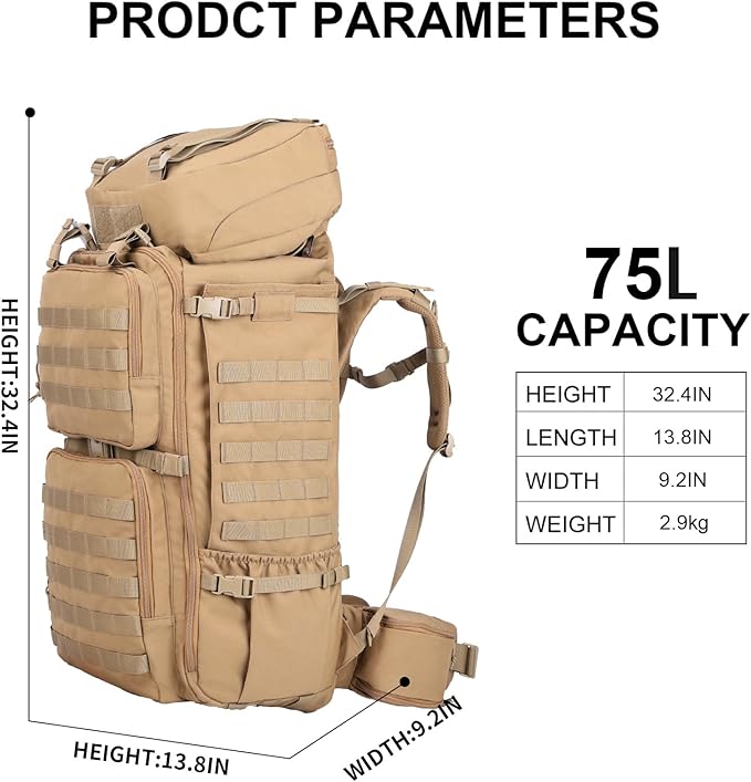 Zsearaymy 75L Hiking MOLLE Backpack with Internal Frame &amp Rain Cover for Tactical Camping Backpacking Survival Travel (TAN)