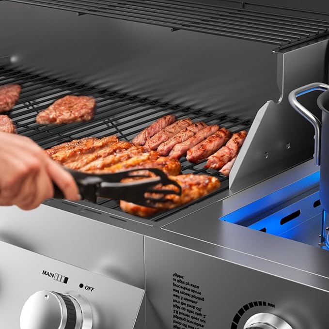 SKOK 4-Burner Propane Gas BBQ Grill with Side Burner &amp Porcelain-Enameled Grilling GratesStainless Steel Grill with 544 Sq. In. Grilling Area for Outdoor Cooking58000 BTU Output