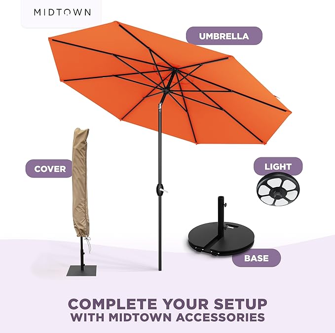 Midtown Umbrellas - 10-Year-No-Fade 6 Ft Patio Umbrella with Terylast Fabric Auto-Tilt Aluminum Frame and 8 Reinforced Ribs for Deck Pool Garden &amp Beach - Tangerine Canopy Black Pole