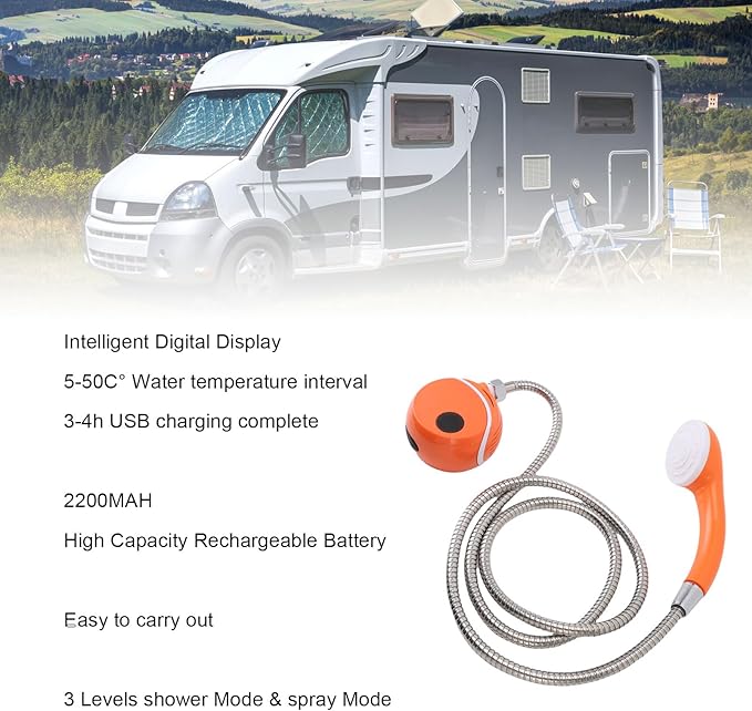 Fafeicy Portable Camping Shower Rechargeable 2200mAh Battery Shower Pump System with 1.8m Hose for Outdoor Travel Car Washing Pet Bath