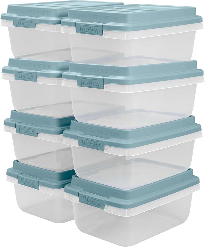 Hefty 18 Quart Hi-Rise Storage Bin with Lid Stackable Plastic Container for Home Office and Classroom Organization 8 Pack Smoke Blue