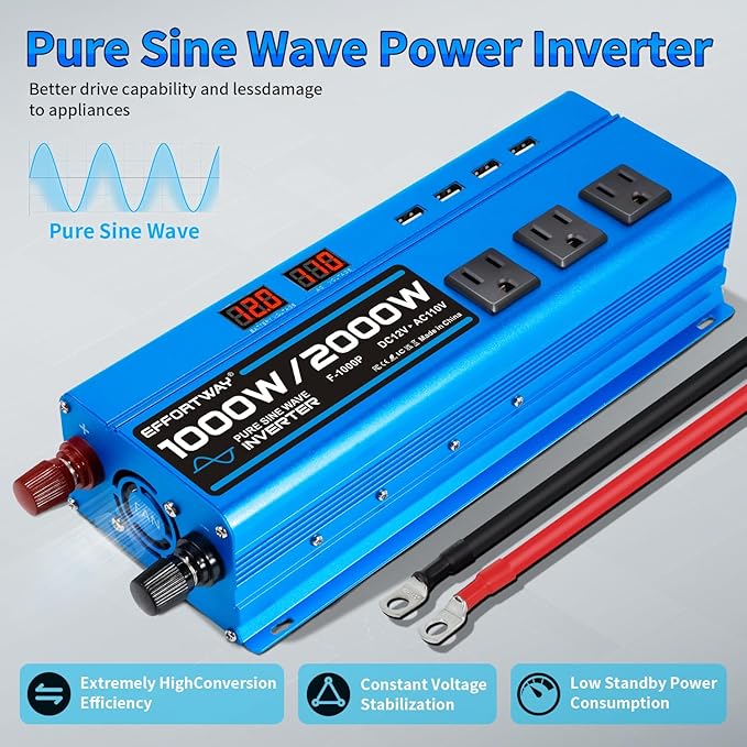 1000W Pure Sine Wave Inverter DC 12V to AC 110V/120V Converter 2000w (Peak) Car Power Converter with 3 AC Outlets 4USB PortPower Inverter for Car Truck Home Vehicles Laptop