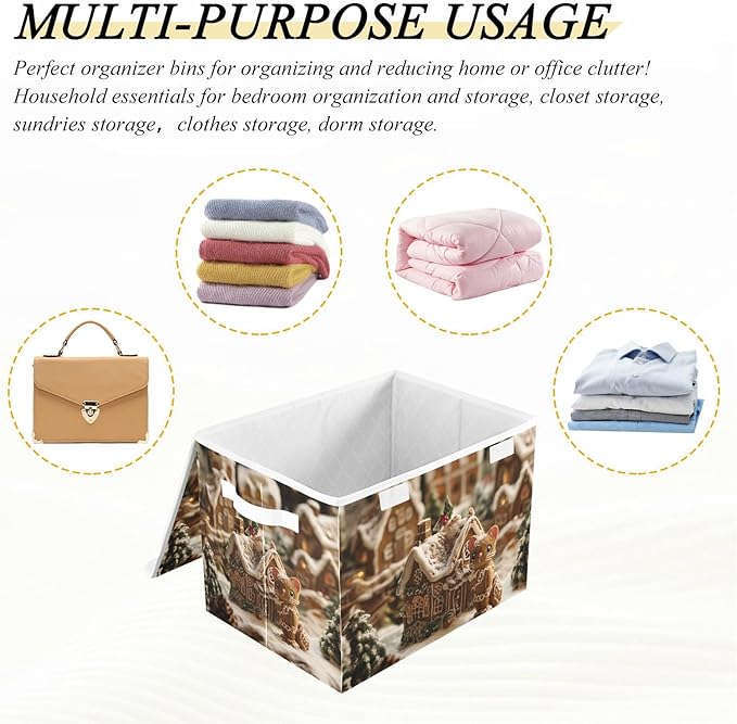 Collapsible Storage Bins with Lids Decorative Fabric Storage Cubes Closet Organizer and Storage Basket Boxes Containers for Clothes Box Chest Nursery Folding Rectangle Cute Christmas Gingerbr
