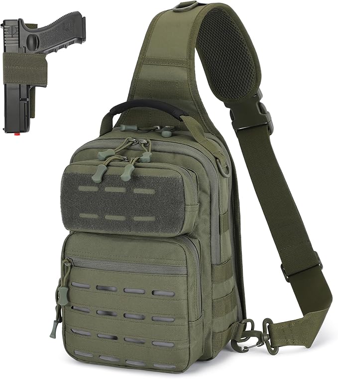 HUNTVP Sling Bag for Men Concealed Carry Bag Tactical Sling Bag Crossbody Molle CCW Chest Pack Backpack EDC Military Shoulder Bag with Holster &amp Accessory Slots Army Green