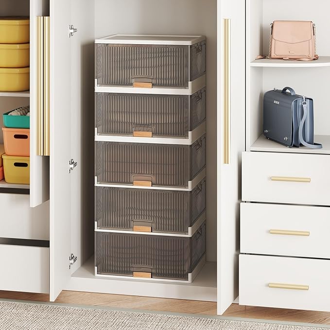 Giantex 5 Tier Stackable Storage Bins with Lids 22.5 Gal Foldable Shoe Storage Box with Detachable Wheels &amp Flip-Up Doors Collapsible Closet Organizers and Storage Bins