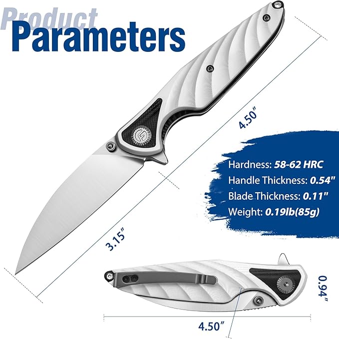 FINTISO Pocket Knife 3.15 Folding Knife Premium 14C28N Blade Bicolour White and Black G10 Handle Design with Liner Lock Pocket Clip for Men Women Small EDC Knife for Camping Hunting Hiking Survi