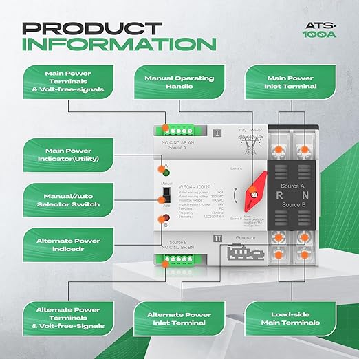 Automatic Transfer Switch 100A AC 220V Dual Power ATS 2P Automatic/Manual Transfer Switch din Rail mounting for Home Generator RVPublic/Backup Power Supply