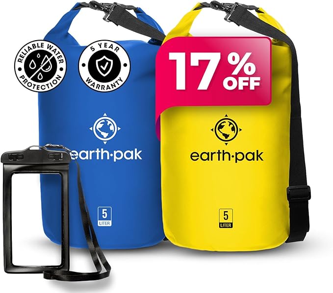 Earth Pak Waterproof Dry Bag - Roll Top Waterproof Backpack Sack Keeps Gear Dry for Kayaking Beach Rafting Boating Hiking Camping and Fishing Blue 5L &amp Yellow 5L