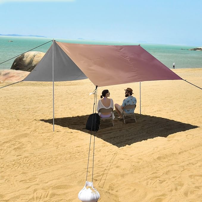 Brown Gradient Foldable Beach Cabana UPF50+ Waterproof Large Sun Shelter Includes Sand Shovel Sandbags Stability Poles for Camping Picnics Backyard &amp Fishing
