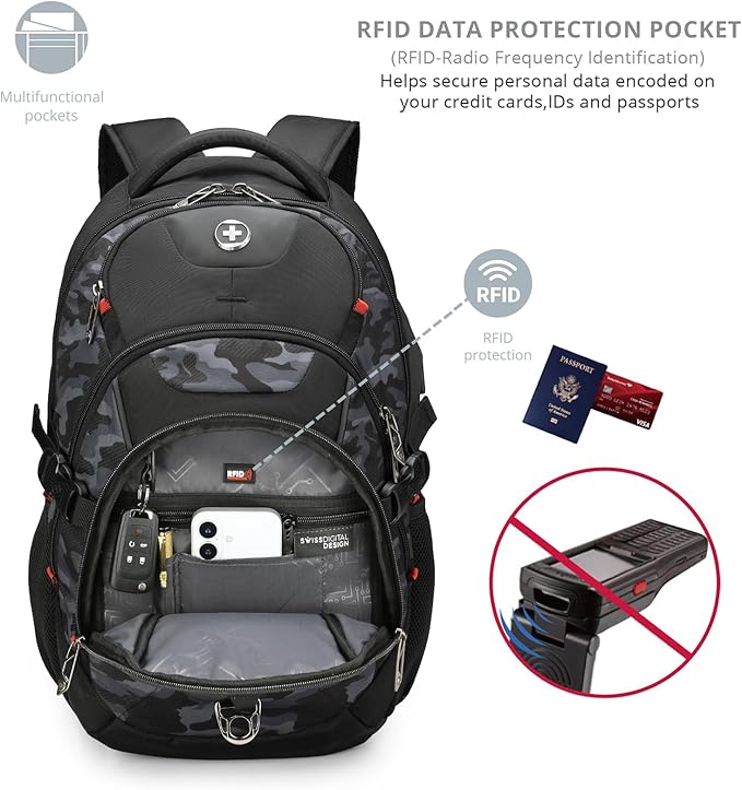 Swissdigital Design Laptop Backpack with USB Charging Port Travel Backpack Fits 15.6 inches Computer 31L College School Backpack for Men Gray Camo | SD803-91