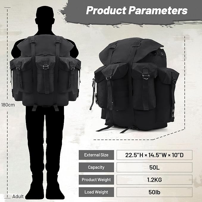 50L Military Alice Pack Army Survival Combat ALICE Rucksack Backpack for Men &amp Women for Camping Hiking Emergency Black
