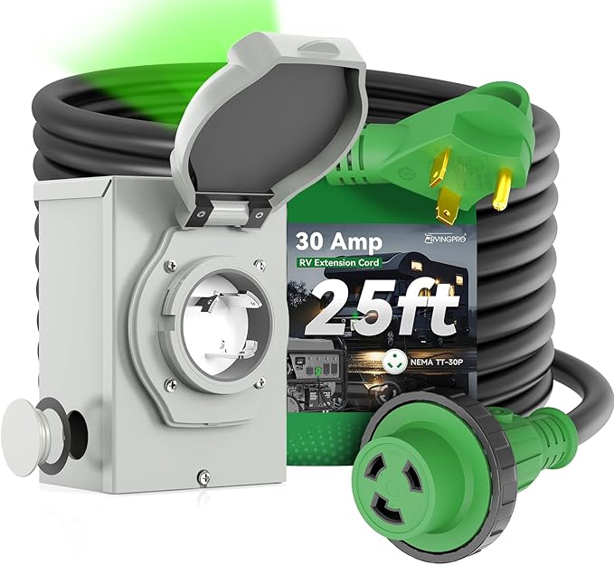 Pre-Drilled 30 Amp Generator Inlet Box and 30 Amp RV Extension Cord 25FT Waterproof Combo Kit NEMA TT-30P to L5-30R Power Extension Cord with NEMA L5-30P Generator Inlet ETL Listed
