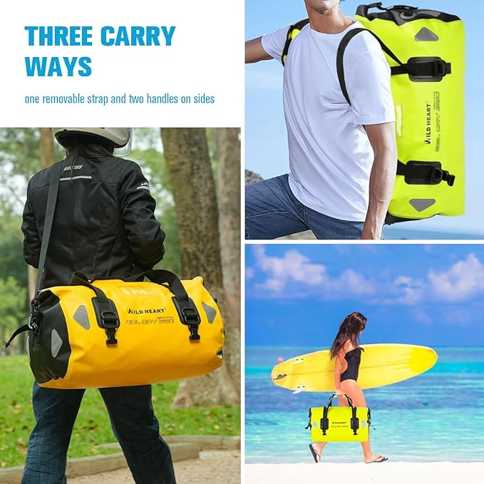 WILD HEART Waterproof Motorcycle Duffel Bag PVC500D Double-bottom With Rope Straps and Inner Pocket 40L 66L 100L for Kayaking Camping BoatingMotorcycle