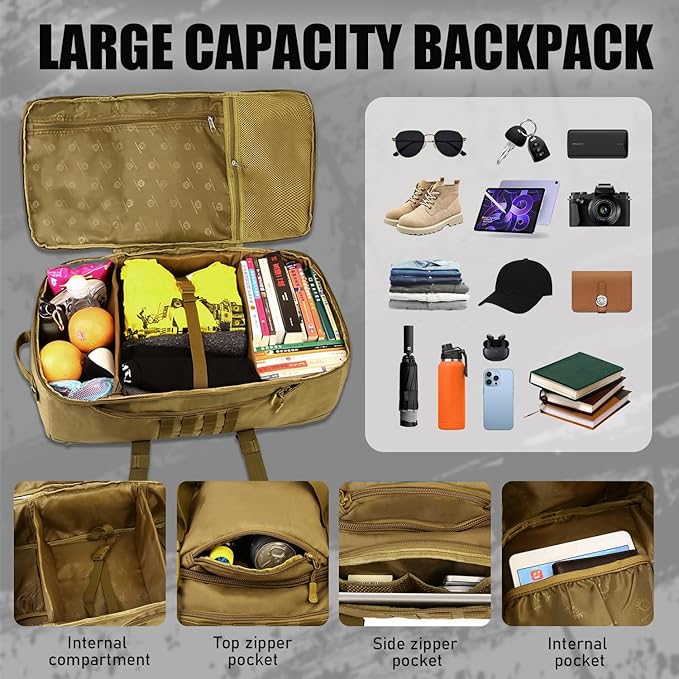 Protector Plus Tactical Travel Backpack 60L Military MOLLE Duffel Bag (Rain Cover &amp Patch Included)