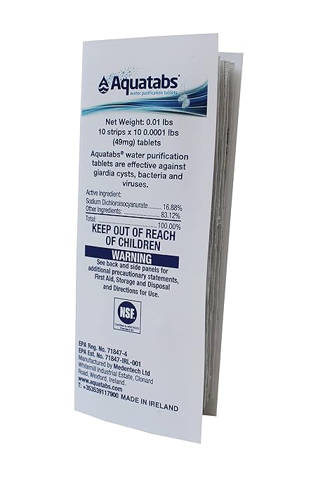 Aquatabs 49mg Water Purification Tablets (100 Pack). Water Filtration System for Hiking Backpacking Camping Emergencies Survival and Home-Use. Easy to Use Treatment and Disinfection.