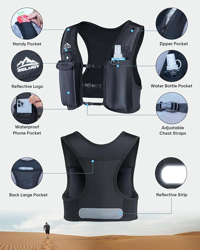 Zelvot Running Vest for Women Men USA Original Patent Adjustable Chest Straps Running Hydration Vest with 500ml Soft Flask Lightweight Reflective Hydration Backpack for Marathon