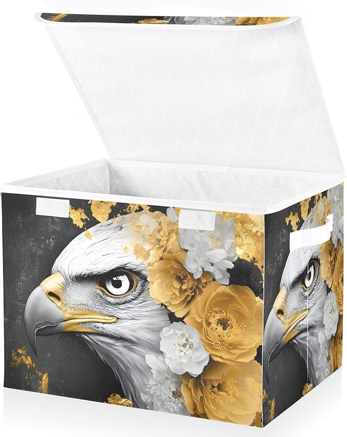 AIXIWAWA Lidded Storage Cube (Bird Gold Floral) Fabric Foldable Closet Bins with Flip Lid and Handles Organizer Basket Container 16.5 x 12.6 x 11.8 IN