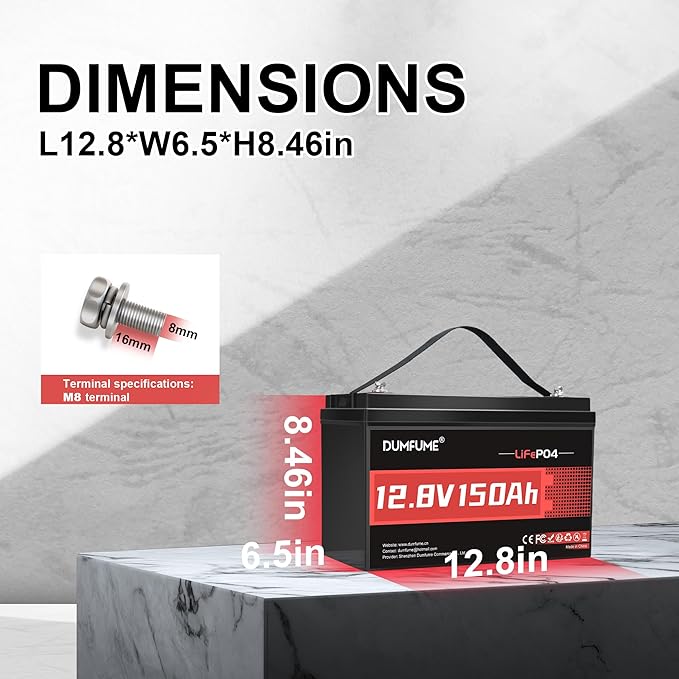 12V 150Ah LiFePO4 Lithium Battery-1920Wh Built-in 100A BMS Deep Cycle Battery for Solar System RV Camper Home Backup PowerMarineOff-Grid Applications