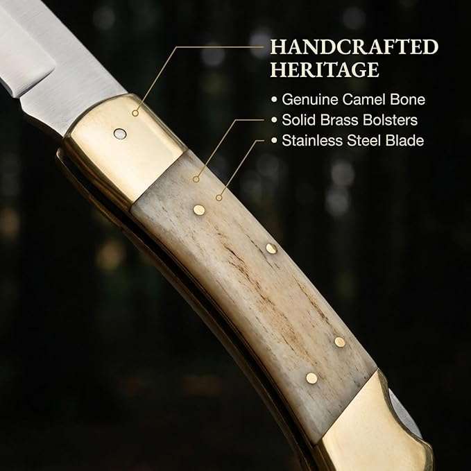 MAZEDAZE Folding Knife Handmade Self Defense Weapons Pocket Knife for Men Premium Survival Knife with Ebony Ergonomic Handle Made With Camel Bone Tactical Knife for Hunting Campaign and Skinning