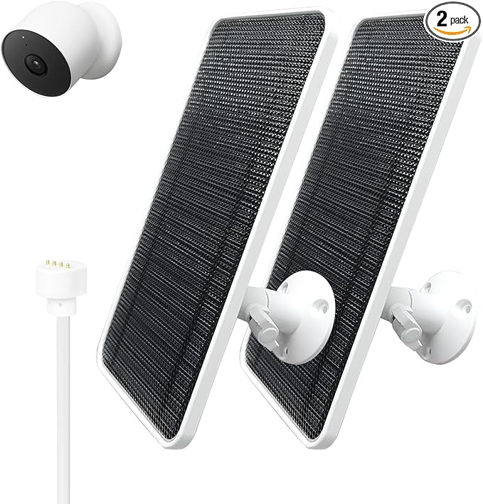 Solar Panel for Google Nest Camera Compatible with Nest Cam Outdoor &amp Indoor (Battery Version) Continuous Solar Power 360° Adjustable Mount 10FT Charging Cable All-Weather Durable 2 Pack