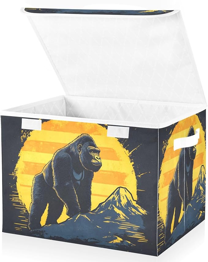 Gorilla Poster Storage Cube Bins Basket with Lid Collapsible Flip-top Fabric with Handle for Home Bedroom Closet Office 16.5×12.6×11.8 in