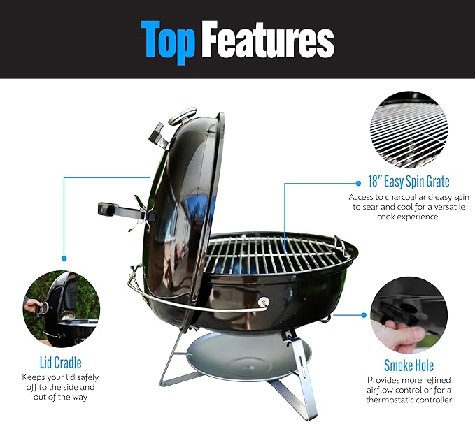 SnS Grills Slow ‘N Sear Travel Kettle 2-Zone Cook Charcoal Basket and Easy Spin 18” Grate - Portable Charcoal Grill for BBQ Cooking - Travel Kettle 18”