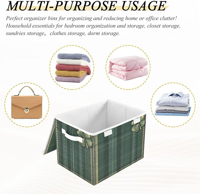 Christmas Storage Baskets with Lids Green Plaid Clover Collapsible Bins Stackable Fabric Linen Baskets Closet Organizer Container 16.5x12.6x11.8