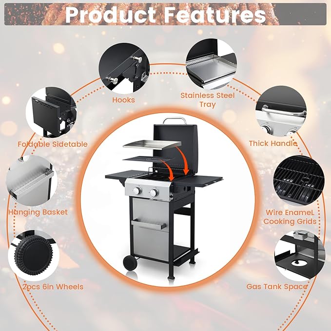 2-Burner Propane Gas BBQ Grill SS Plancha 24600BTU Stainless Steel Barbecue Grill With Wire Enamel Cooking Grids Foldable Side Table for Outdoor Camping (Style9: 2-Burner with SS Plancha)
