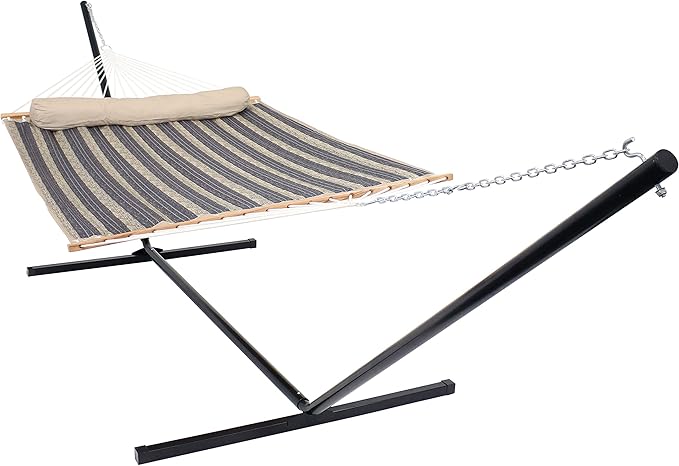 Sunnydaze Quilted Double Hammock with Stand for Outside - 400-Pound Capacity 2-Person Hammock with Stand - 15-Foot Stand - Mountainside