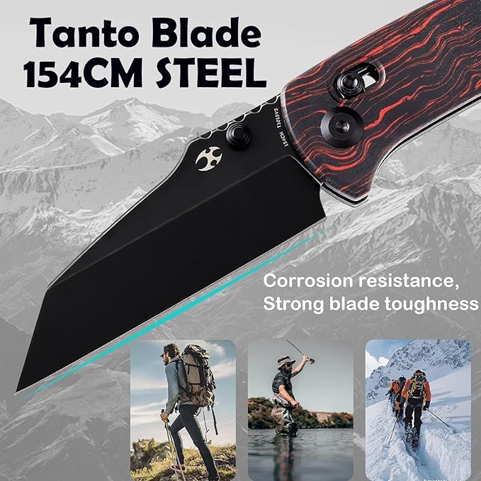 KANSEPT Main Street Pocket Folding Knife 3.36''Black 154CM Sharp BladeBlack and Red G-Mascus Handle with Axis Lock and Thumb Stud Perfect Clip for Camping Hiking Fishing Gift Everyday Carry T1015v5