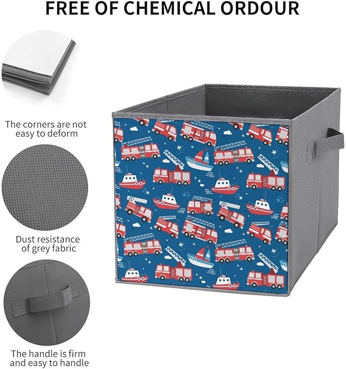 Foldable Storage Cube with Handles Firetrucks Fire Trucks Sturdy Collapsible Organizer Bin for Heavy Items like Books &amp Tools Reinforced Sides for Durability