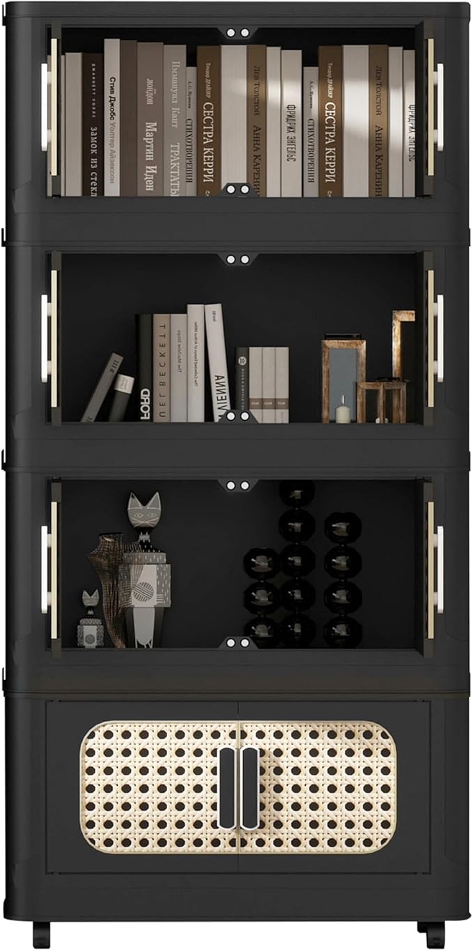 4 Tiers Folding Storage Cabinet20 Side Wide Stackable Storage Bins with Doors and Wheels Space Saving Plastic Cabinet for Living Room Office Dorm Retro Black