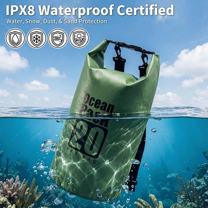 kullder Waterproof Backpack 20L Army Green Roll Top Water Proof Dry Bag Heavy Duty Floating Dry Bag for Kayaking Ship Camping Hiking Backpack with IPX8 Waterproof Phone Pouch-Black 7