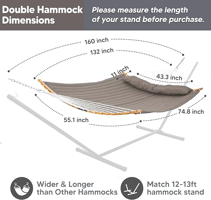 SUNCREAT Hammocks Portable Double Hammock with Curved Spreader Bar 450 lbs Capacity Heavy Duty Outdoor Hammock with Carrying Bag Brown