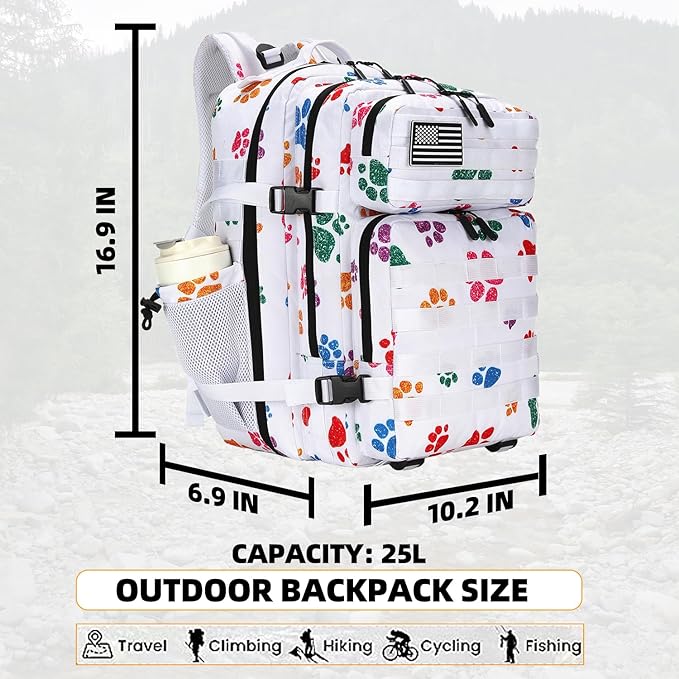 Lovelinks21 25L Tactical Military Backpack Small Travel Rucksack for Men and Women Assault Pack Bug Out Bag Molle Daypack Gym Backpack with Bottle Holder (Cat Paw)