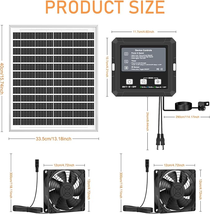 25W Solar Exhaust Fan with Battery Solar Powered Fan for Shed &amp Greenhouse 3 Modes Controller (Continuous/Timer/Motion Sensor) For Intake or Exhaust Vent Cooling for Chicken Coop Dog House