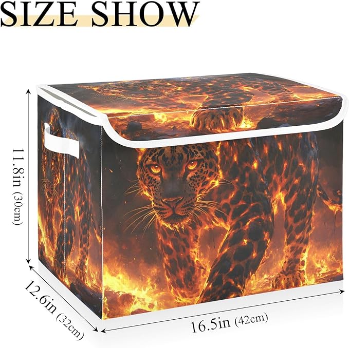 AIXIWAWA Lidded Storage Cube (Leopard with Flame) Fabric Foldable Closet Bins with Flip Lid and Handles Organizer Basket Container 16.5 x 12.6 x 11.8 IN